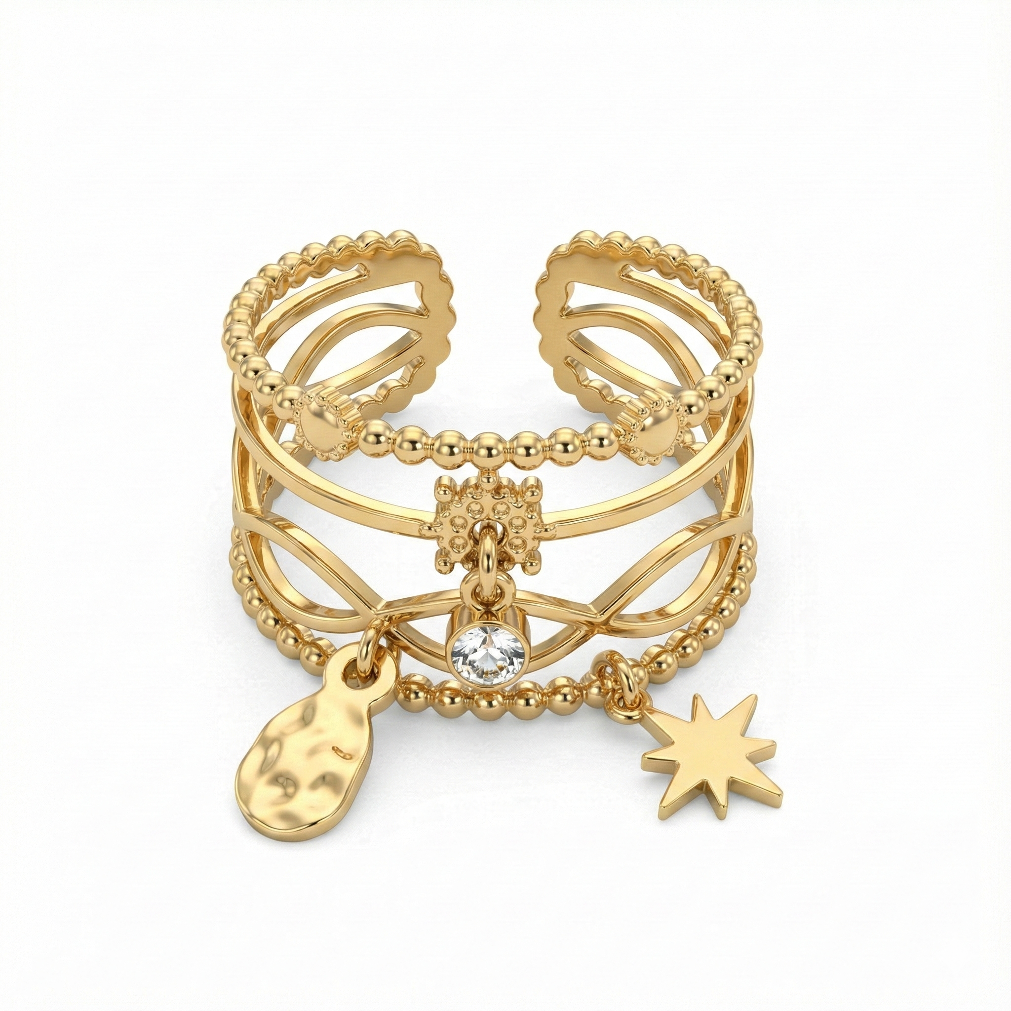 Bague dorée multi-rangs avec étoiles et cristaux scintillants